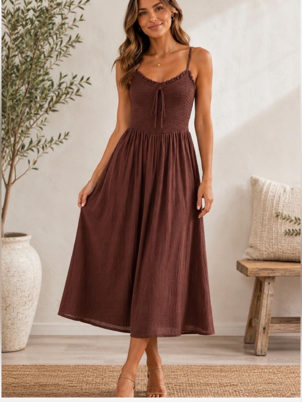Le Lis Smocked Bodice Spaghetti Strap Midi Dress - Brown NEW Small